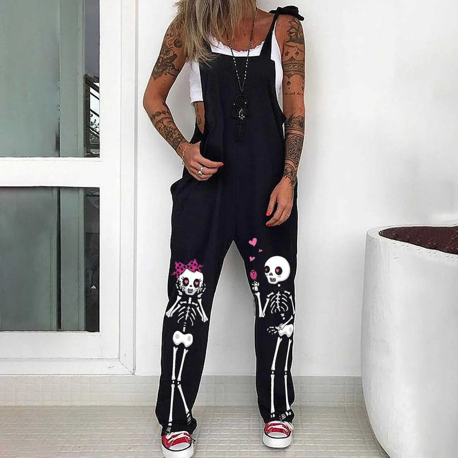 

Women Casual Loose Jumpsuit combinaison femme Skull Print Punk Jumpsuit Casual Loose Daisy Printed Overalls Jumpsuit mono mujer