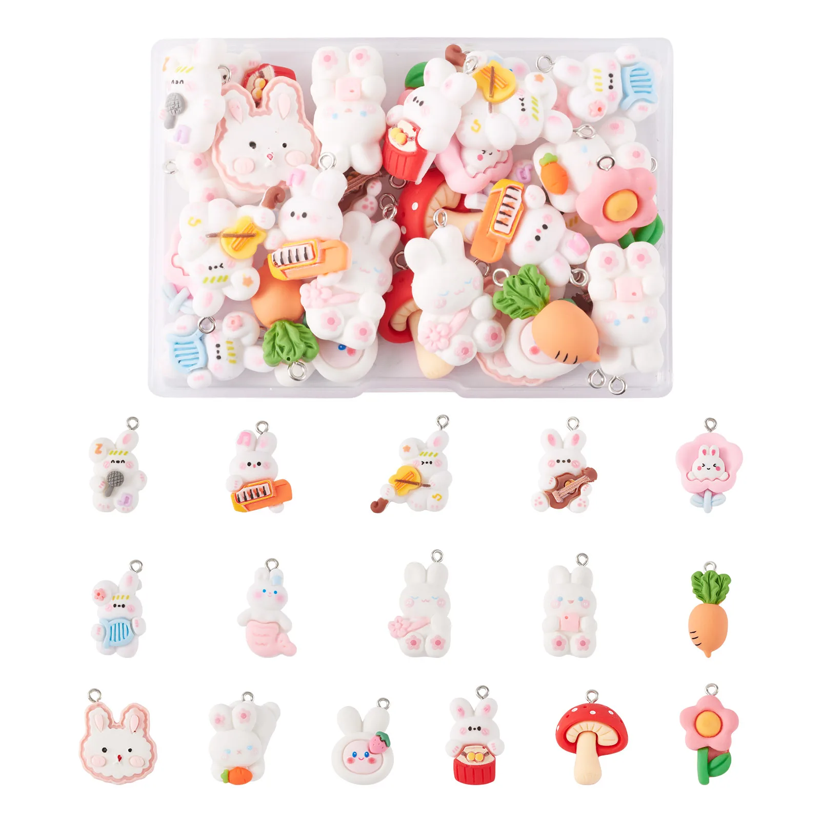 

32Pcs Lovely Resin Rabbit Charms Cute Mushroom Carrot Animal Plant Pendants For Earring Keychain Jewelry Making DIY Crafts Gifts