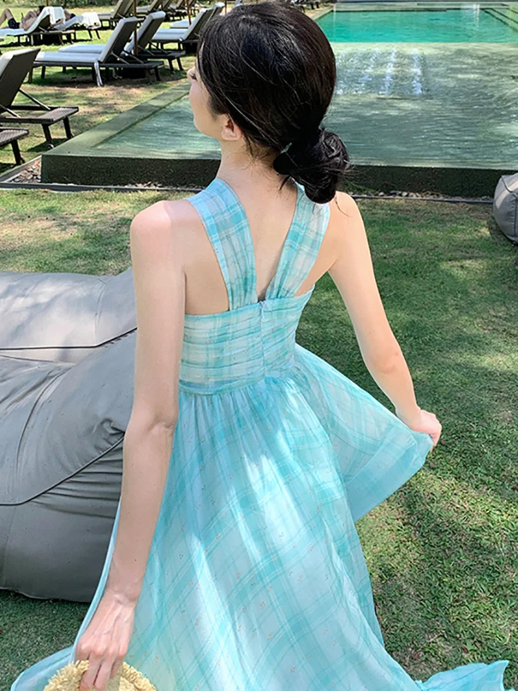 Новинка 2024 шикарное пикантное длинное платье в клетку на бретельках женское