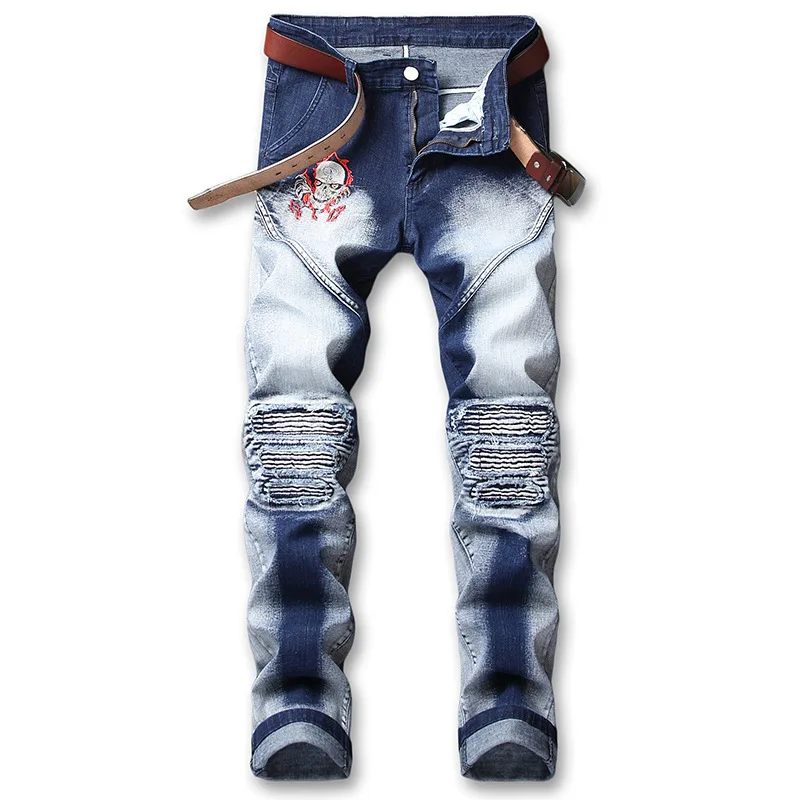 

Модные мужские джинсы с вышивкой в европейском и американском стиле с эластичными дырками на осень и зиму