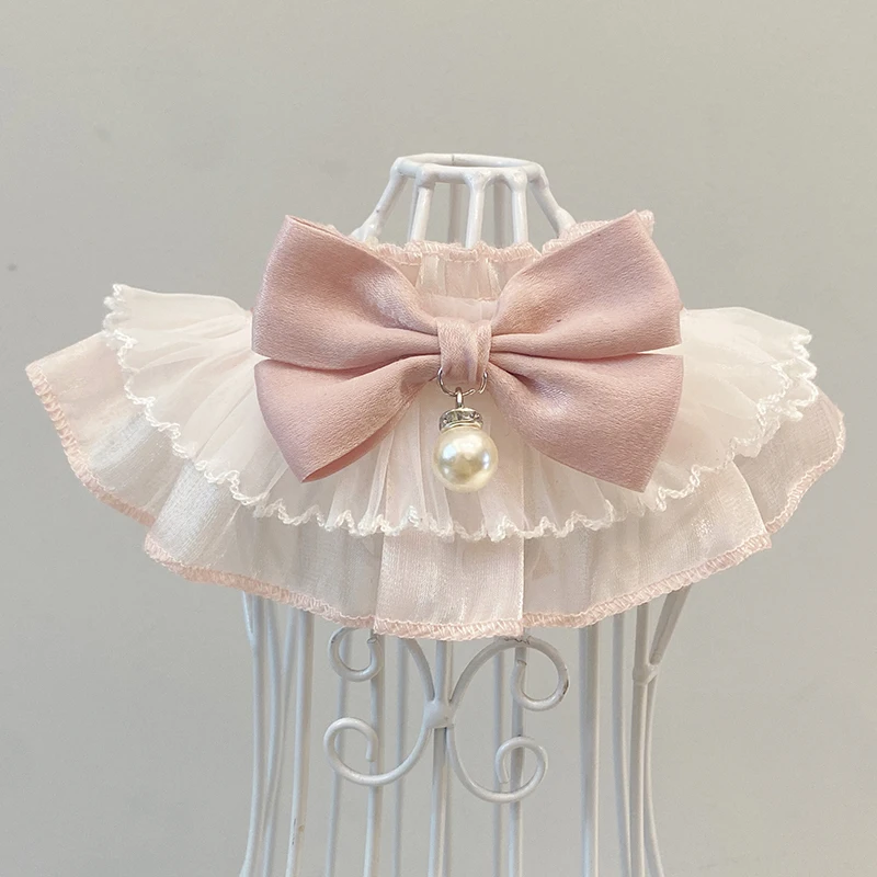 Розовый кружевной жемчужный ошейник с бантом для маленьких и средних собак