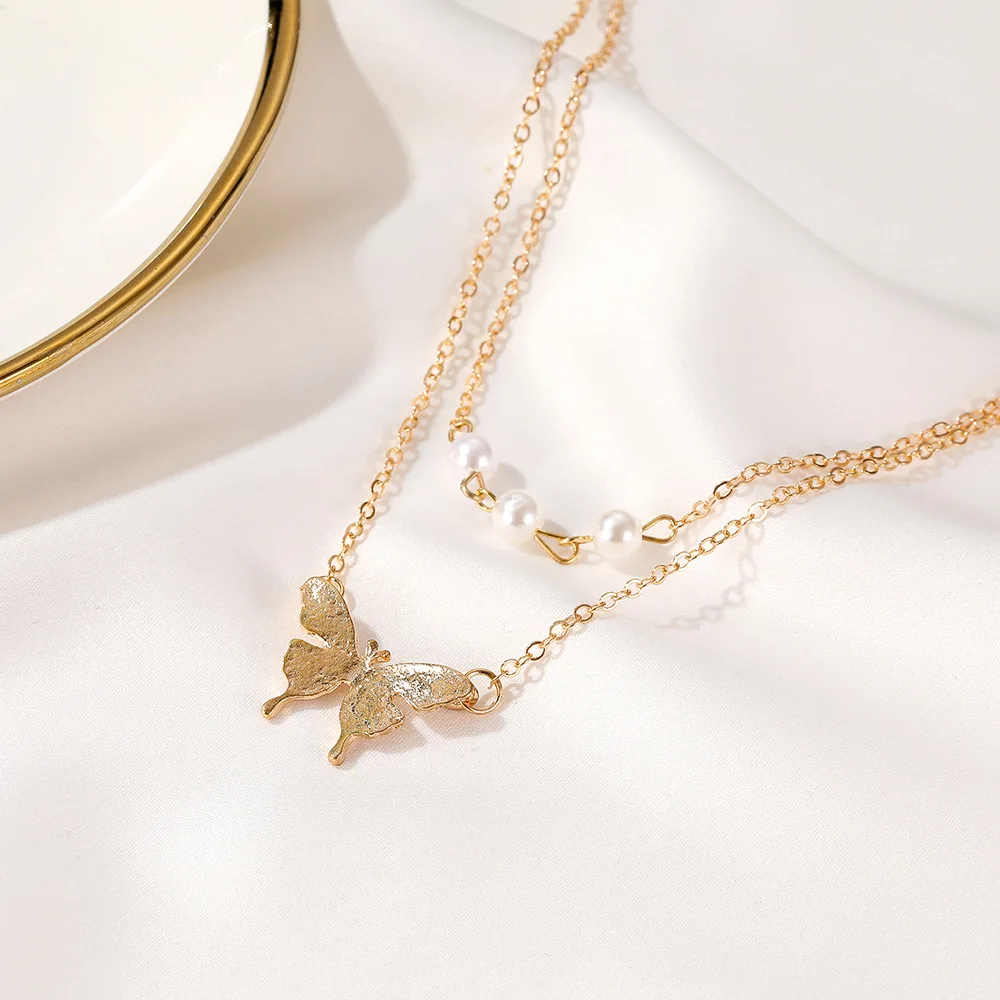 

Pearl Double-layer Necklace Literary Butterfly Necklace For Women Jewelry Clavicle Necklaces & Pendants Charms Jewellery CF
