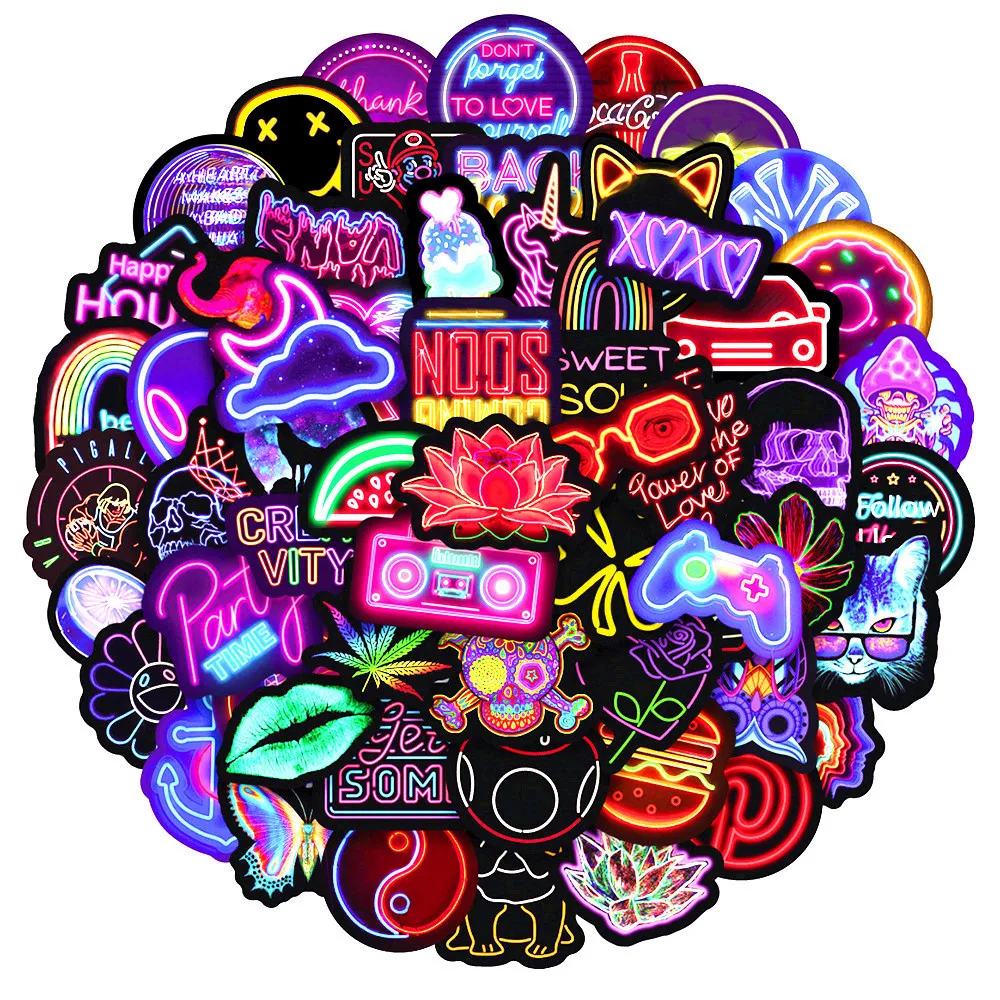 

50/100PCS Cartoon Neon Light Graffiti Stickers Laptop Luggage Motorcycle Phone Cool Waterproof Decals Toy Sticker For Kids