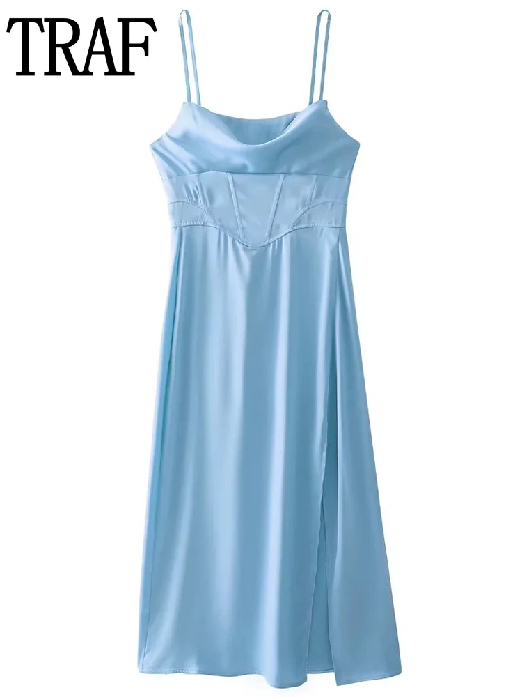 

TRAF Women's Slip Dress 2022 Off Shoulder Corset Dress Woman Summer Backless Blue Long Dresses Women Sexy Slit Party Dresses