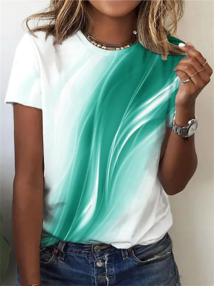

Женские футболки 2023, летние Забавные футболки с круглым вырезом, модные топы с уникальным градиентным рисунком и коротким рукавом для пожилых девушек, одежда оверсайз Y2k