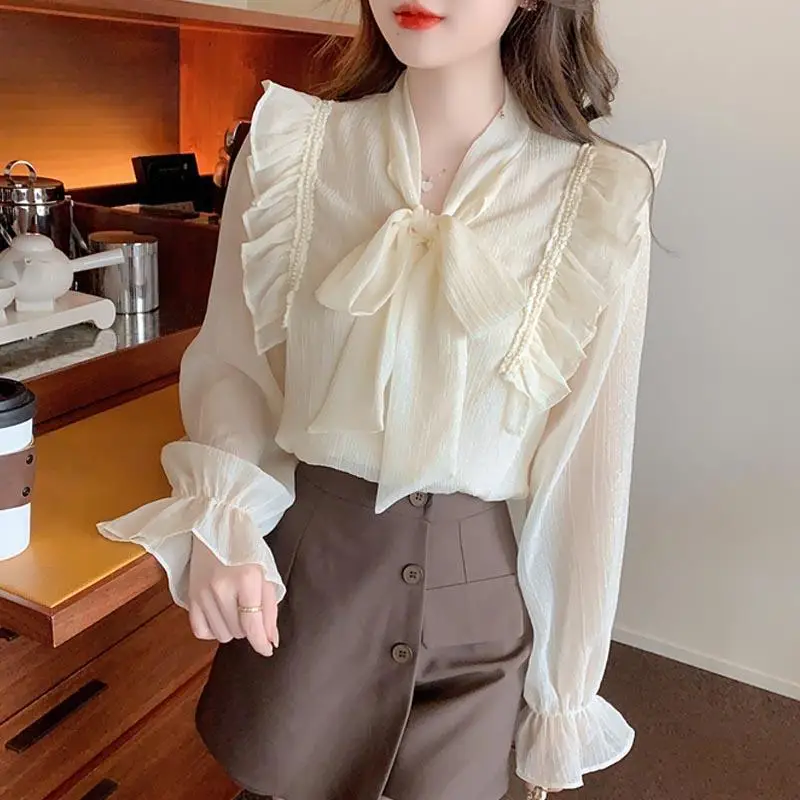 

Bow Tie Wild Spring Summer Chiffon Shirt Long Sleeve Splicing Ruffles Urban Casual 2022 New Fashion Women Pullover Basic Blouses