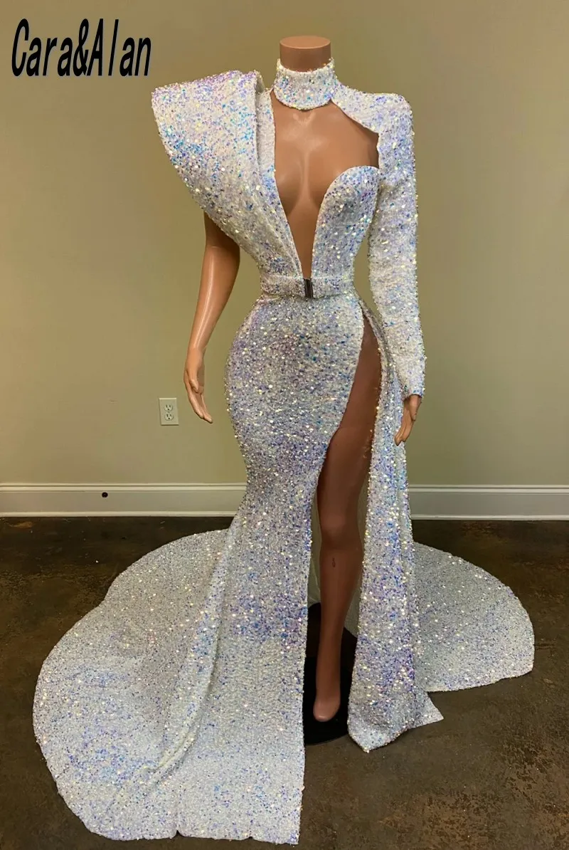 

Cara&Alan SequinProm Dresses 2023 High Neck Slit Party Gowns Long Sleeve African Black Girls Mermaid Vestidos De Graduación