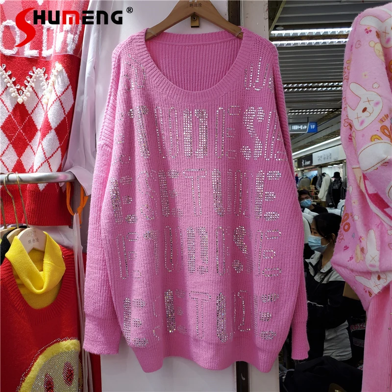 

Letter Rhinestone Loose Slim O-Neck Pink Pullover Sweater Women Loose Oversized Knitted Jumper OuterWear 2022 Spring New Clothes