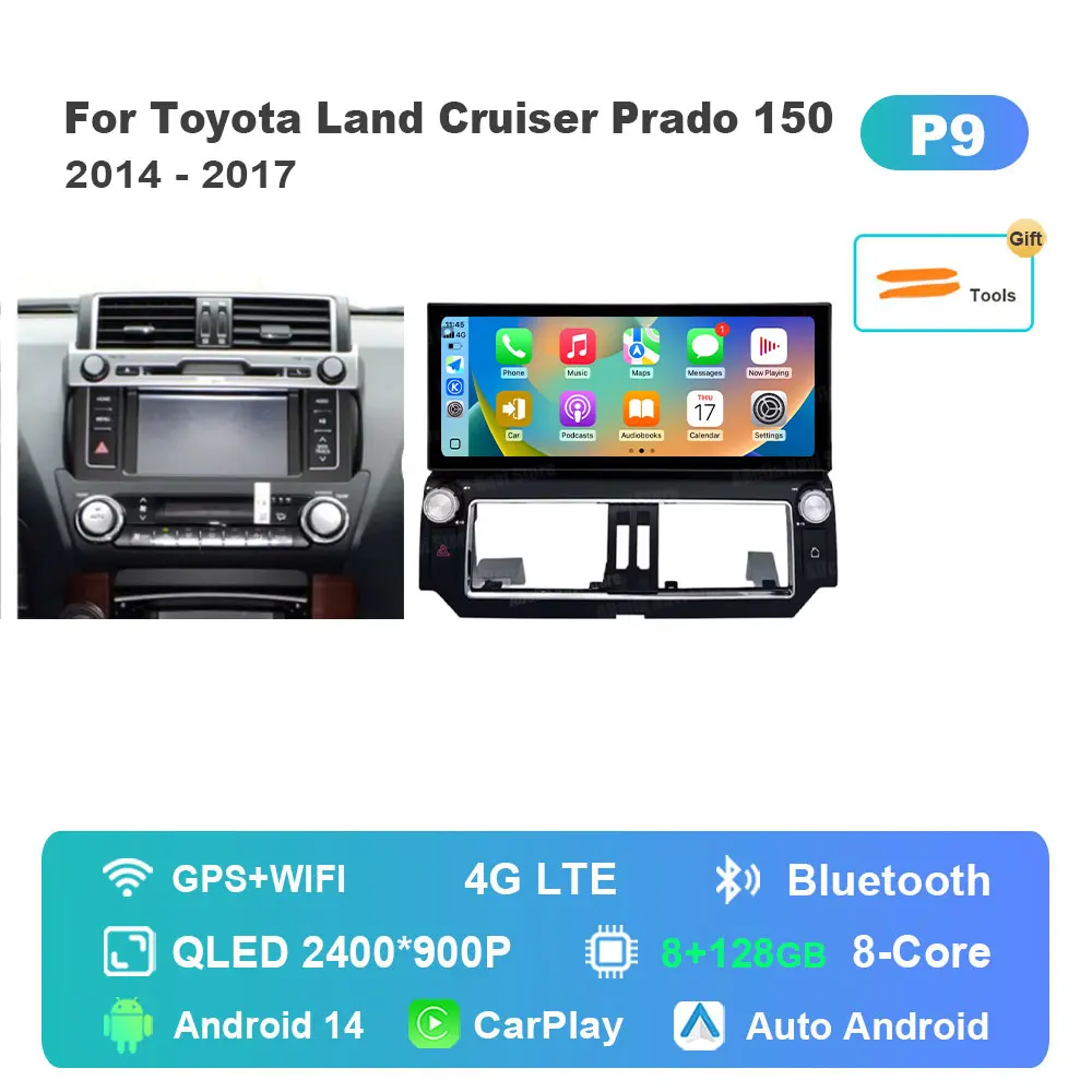 

Для Toyota Land Cruiser Prado 150 2014-2017 Android 14 Автомобильный радиоприемник Видео Мультимедийный плеер 12,3 дюйма Wi-Fi GPS-навигация BT DSP
