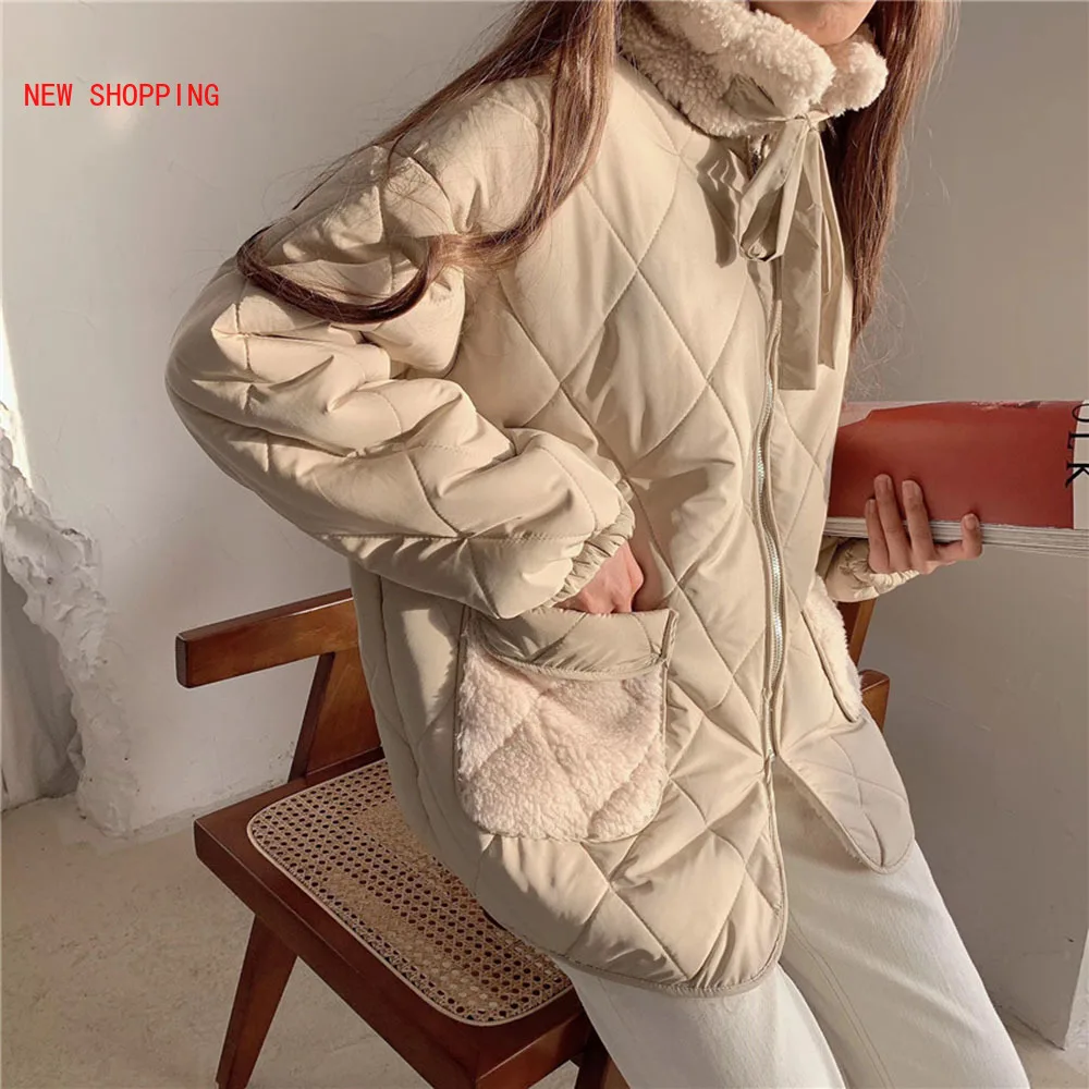 Lamb Wool Coat Female Winter Korean Loose Pockets Plush Thick Warm Parkas Women Cotton Padded Jacket Japanese Jackets Apricot
