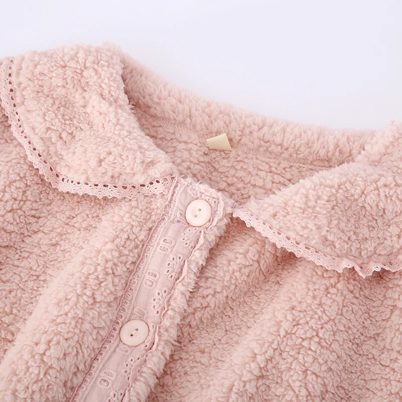 Winter new women's pajamas long-sleeved trousers two-piece flannel thickened warm suit lapel solid color cute home service