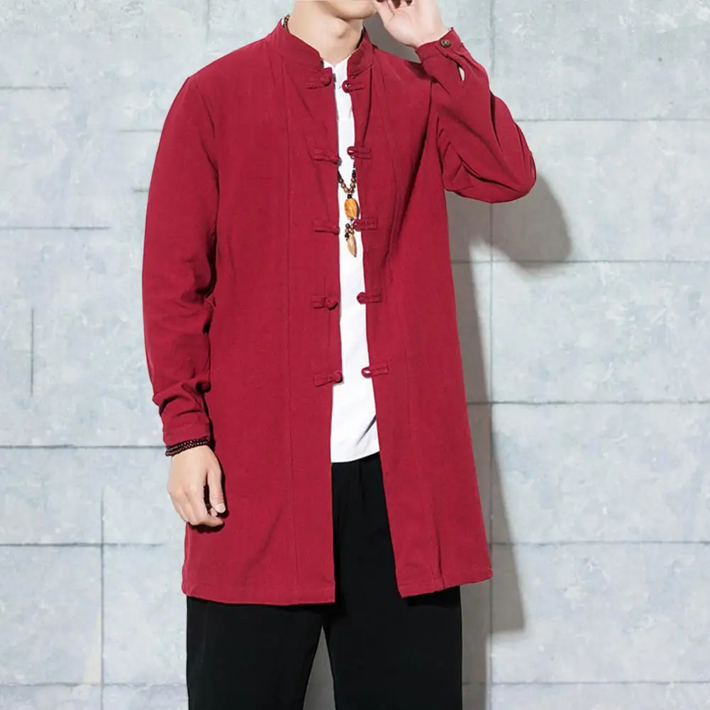 

Comfortable Side Split Mid Length Shirt Coat Temperament Men Shirt Relaxed Fit Mid Length Shirt Coat for Chinese New Year