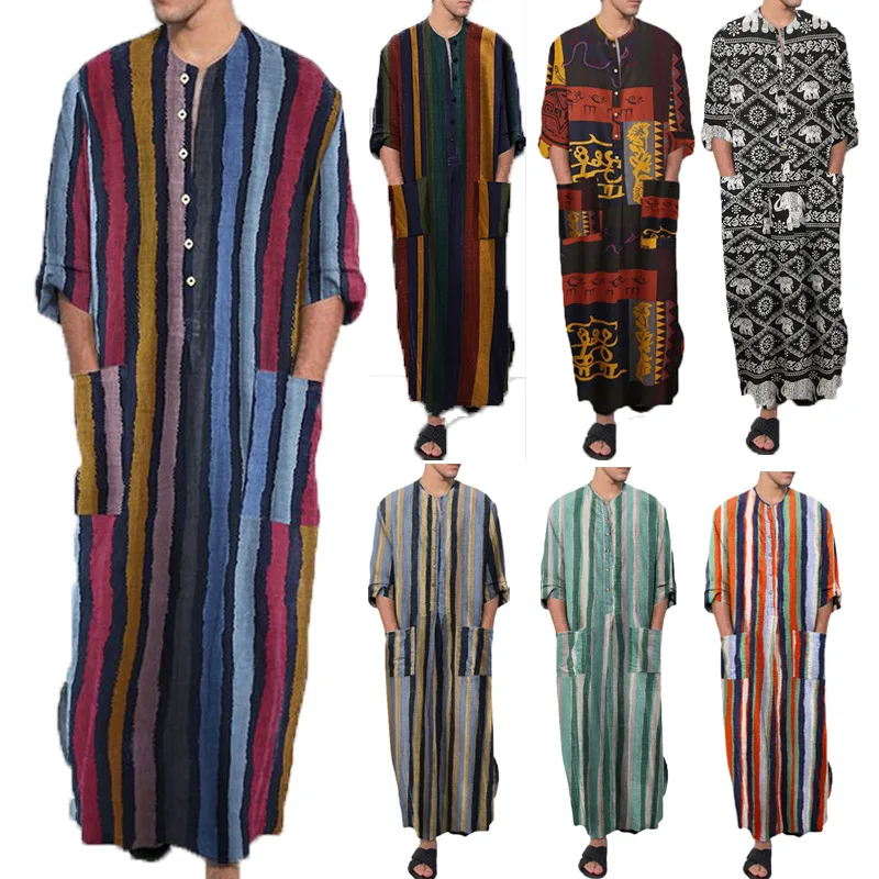 Men's Islamic Arabian Patchwork Striped Hooded Zipper Muslim Robe Autumn Fashion Casual Loose Arabian Islamic Robe 2022