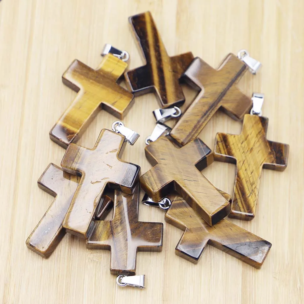 Natural Tiger's Eye Stone Crystal Cross Shape Pendants Necklaces Healing Chakra Fashion Reiki Charms Jewelry Making Earring 8Pcs
