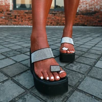 wedges square toe platform rhinestone womens slippers size 35 43 summer gladiator women shoes flip flops high heels slides sexy