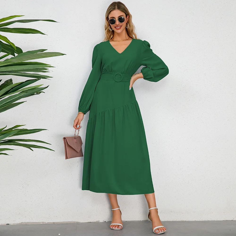 

Fashion Elegant V-neck Long Sleeve Autumn Dress with Belt 2023 Women's High Waist Tunics A-line Solid Green Office Work Dresses