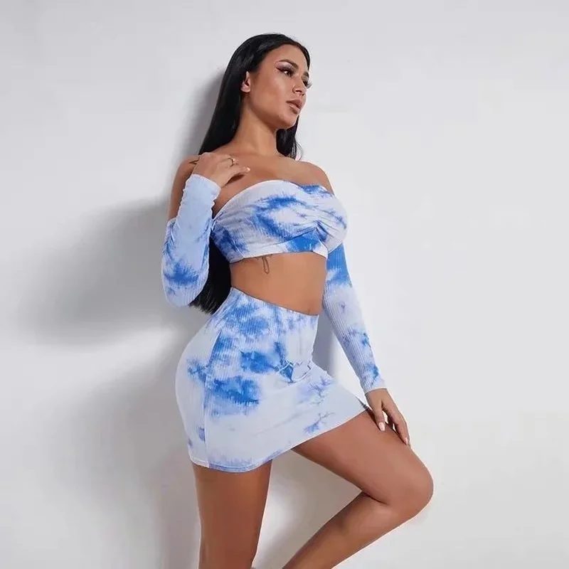 

Women Sexy Tie Dye Two Piece Set One Shoulder Top + High Waist Skirt Suit 2023 New Fashion Plus Size Loungewear Stayhome Style