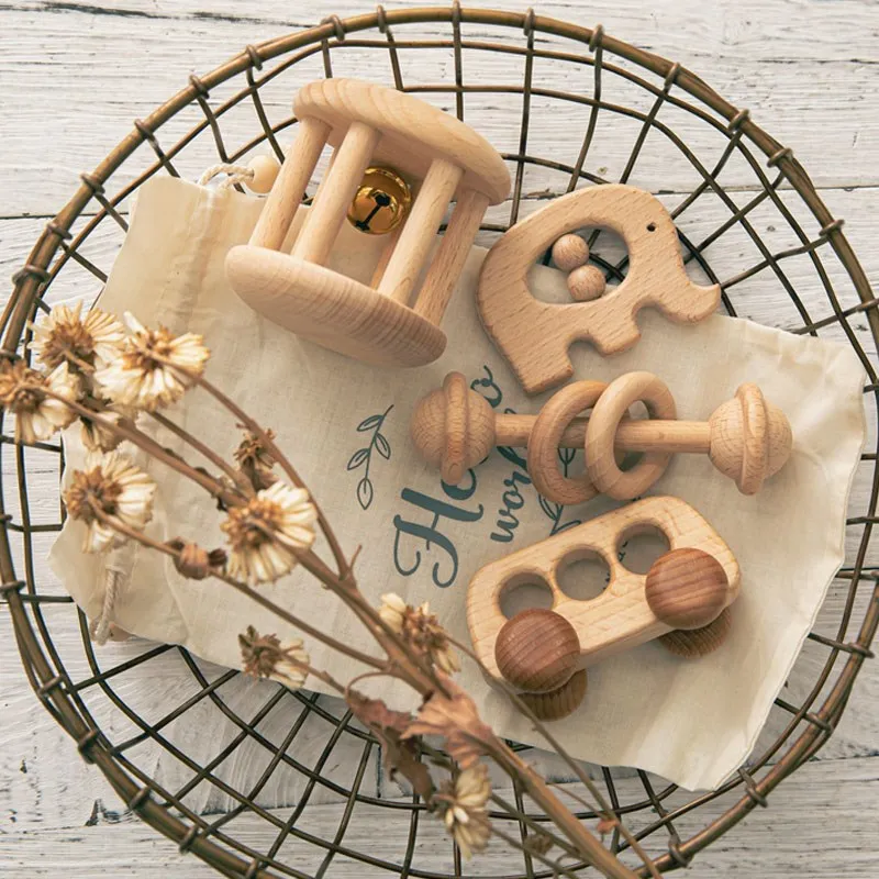 

Baby Montessori Toy Set Natural Wooden Rattle Bed Bell Newborn Teething Teether Item Educational Cognitive Animals Puzzle Toy