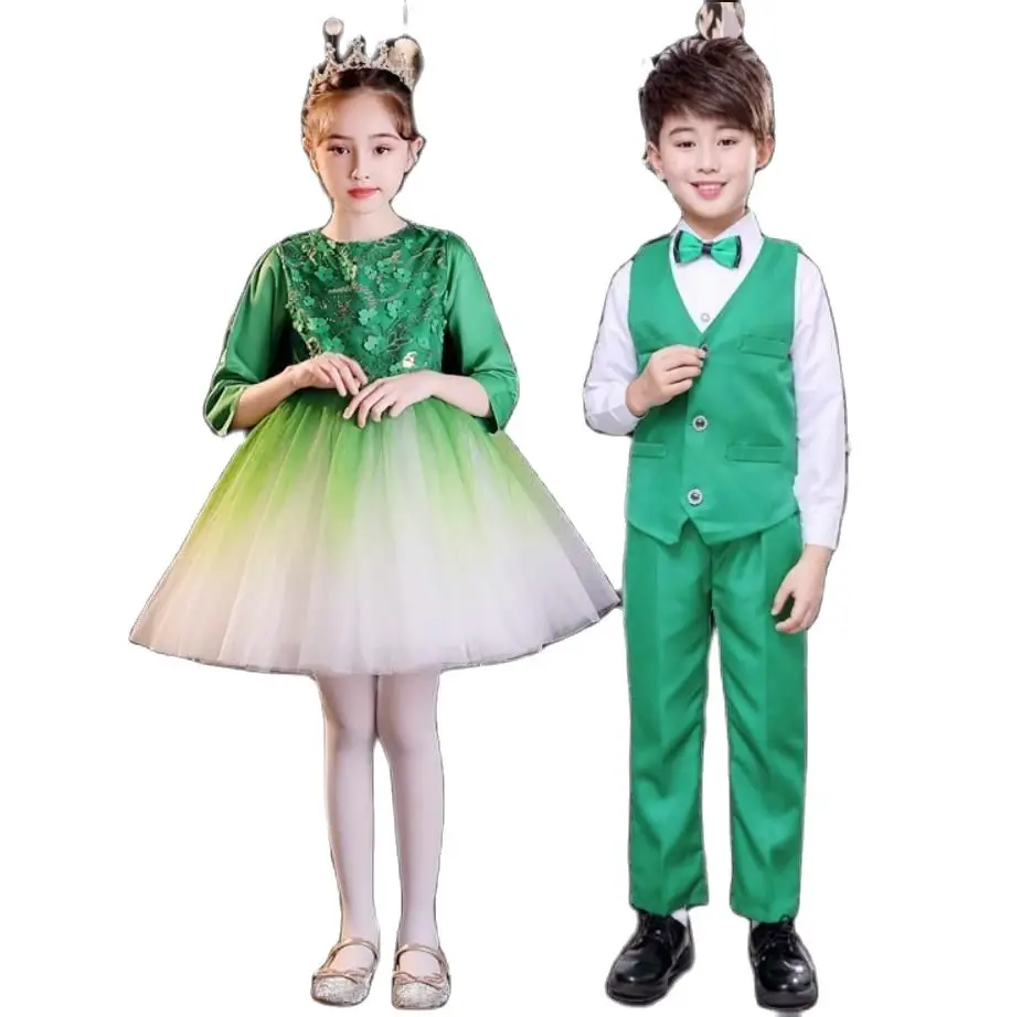 

2023 Flowers Modern Dance Dress For Girls Boys Salsa Waltz Dance Costume Child Kids Chorus Dance Wear Childrens Party Dresses