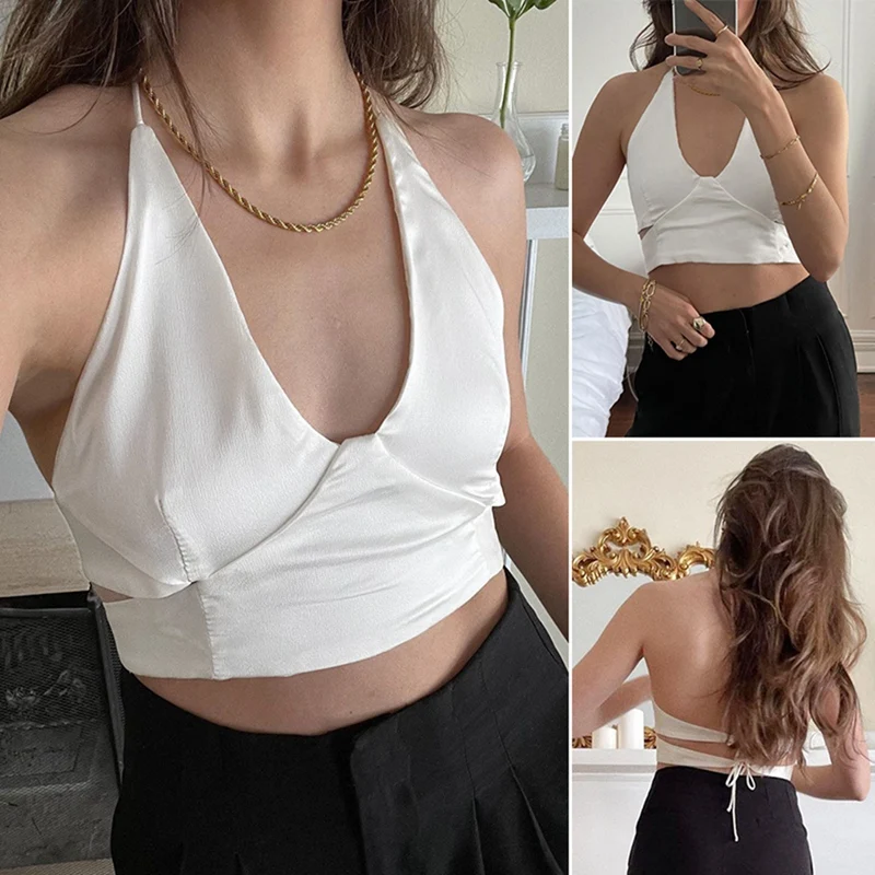 

Sexy White Satin Spaghetti Strap Crop Tops Women Summer Clubbing Halter Deep V Tank Tops
