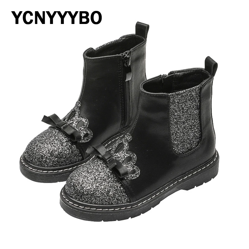 

Зимние новые детские модные ботинки с бантом, Детские ботильоны челси, черные брендовые ботинки для маленьких девочек, блестящие ботинки для верховой езды, кожаная обувь