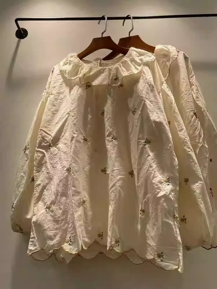 Одежда Mori kei рубашки и блузки из 100% хлопка с длинным рукавом вышивкой белого