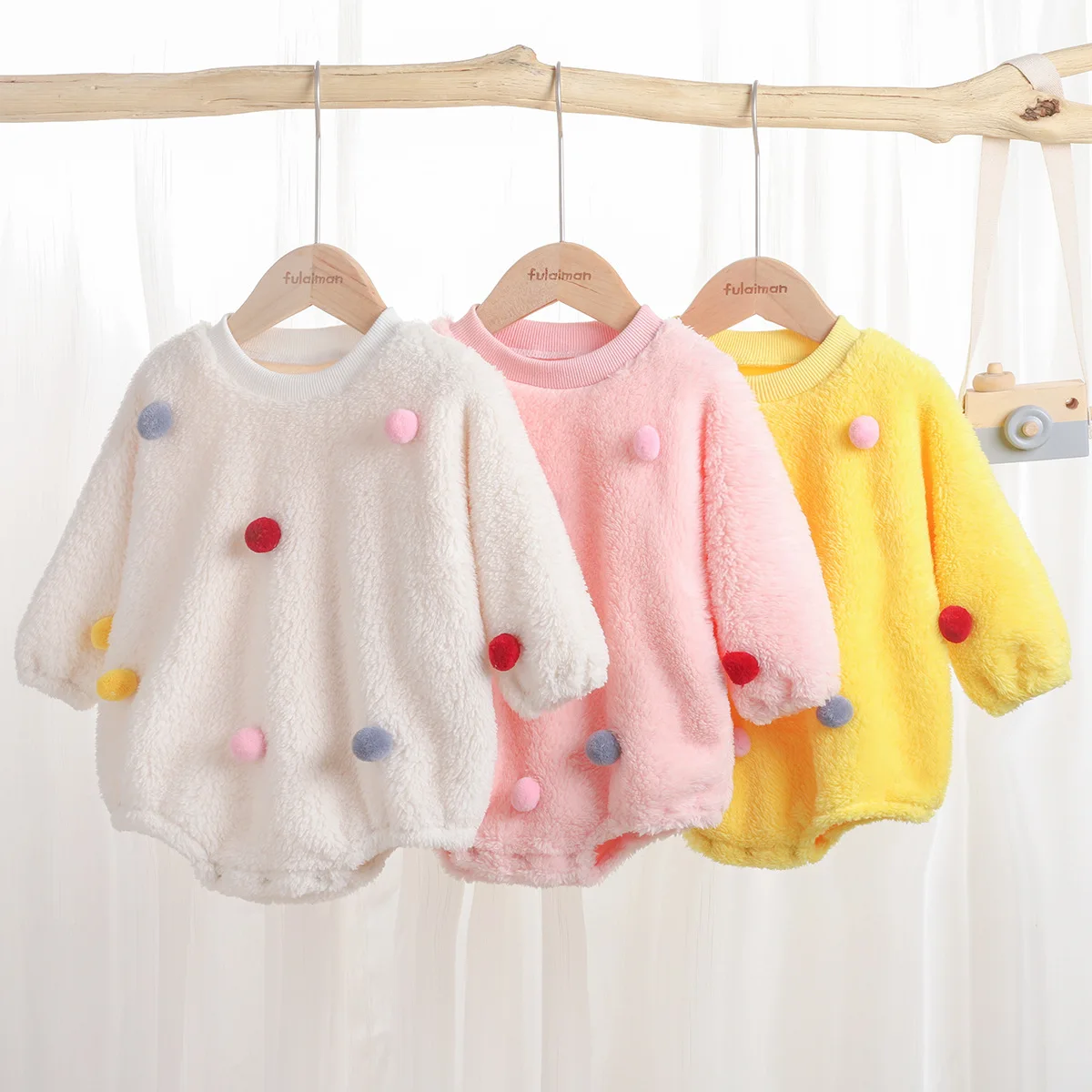 Spring Autumn Baby Clothing Newborn Girl Long Sleeve Bodysuit With Pompoms Kid Boy Solid Romper Infant Homewear Cotton Onesie