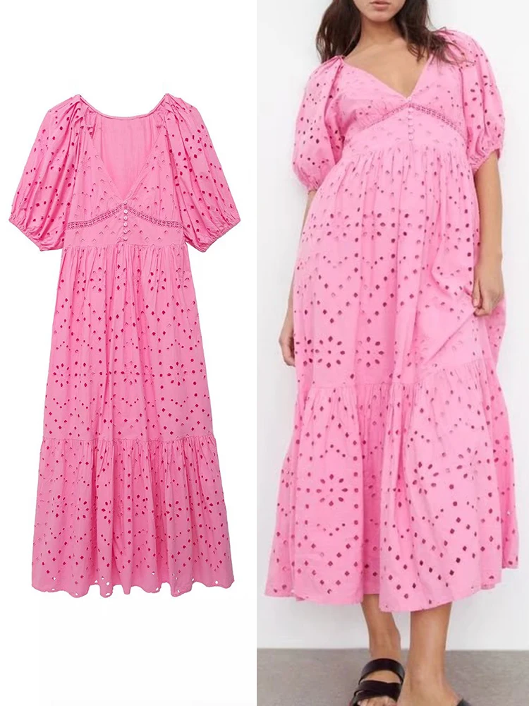 

2022 Summer Women Hollow Out V-neck Elegant Party Mid-Calf Embroidery Dress Puff Short Sleeve Female A-line Outfit платье летнее