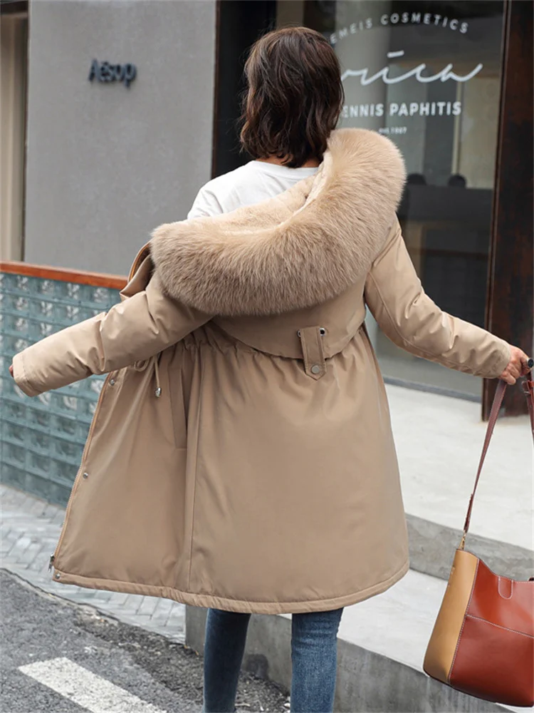 Women Coat 2022 Winter New Fashion Add Wool Thick Warmth Fur Collar Hooded Parkas Down Cotton Jacket Slim Tops Clothing Feminina