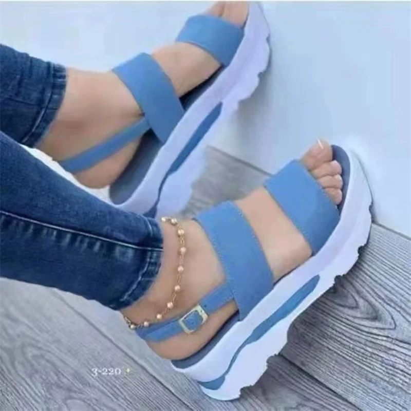 2022 Summer New Large Size Women's Shoes with One Word Belt Fashion Comfortable Sweet Style Thick Bottom Wedge Sandals for Women