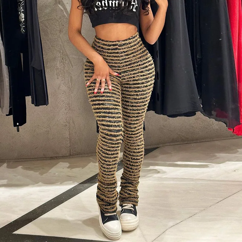 

Black and White Striped Knitted Stacked Pants Women Bottoms Streetwear Extra Long High Waist Slim Fit Flare Pants Casual Fashion