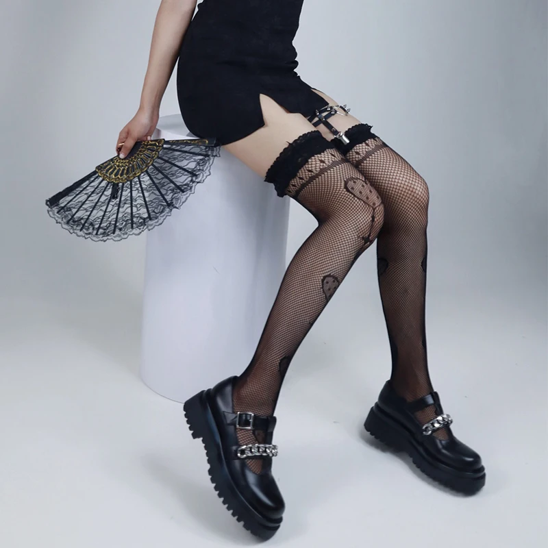 

New Hollow Out Heart Print Women Stockings Harajuku Thigh High Lace Top Socks Summer Thin Female Girl Sexy Socks