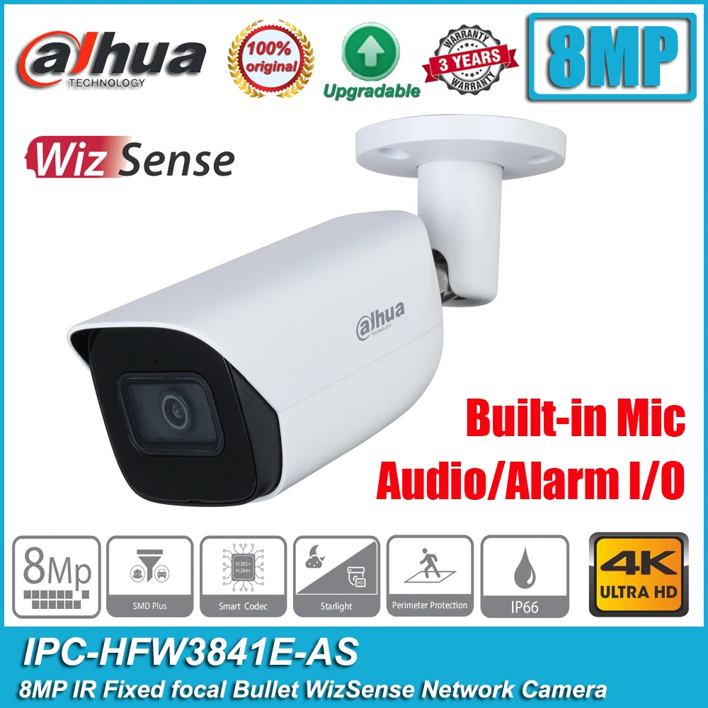 Dahua IPC-HFW3841E-AS 8MP 4K Starlight IR Встроенный микрофон H.265 PoE Bullet WizSense CCTV Network IP Camera HFW3841E-AS |
