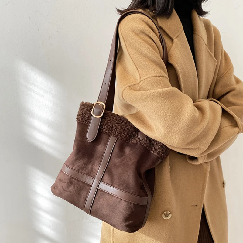 

Зимняя модная сумка-тоут для подростков из искусственного берберского флиса с верхней ручкой, Женская Повседневная Лоскутная сумка