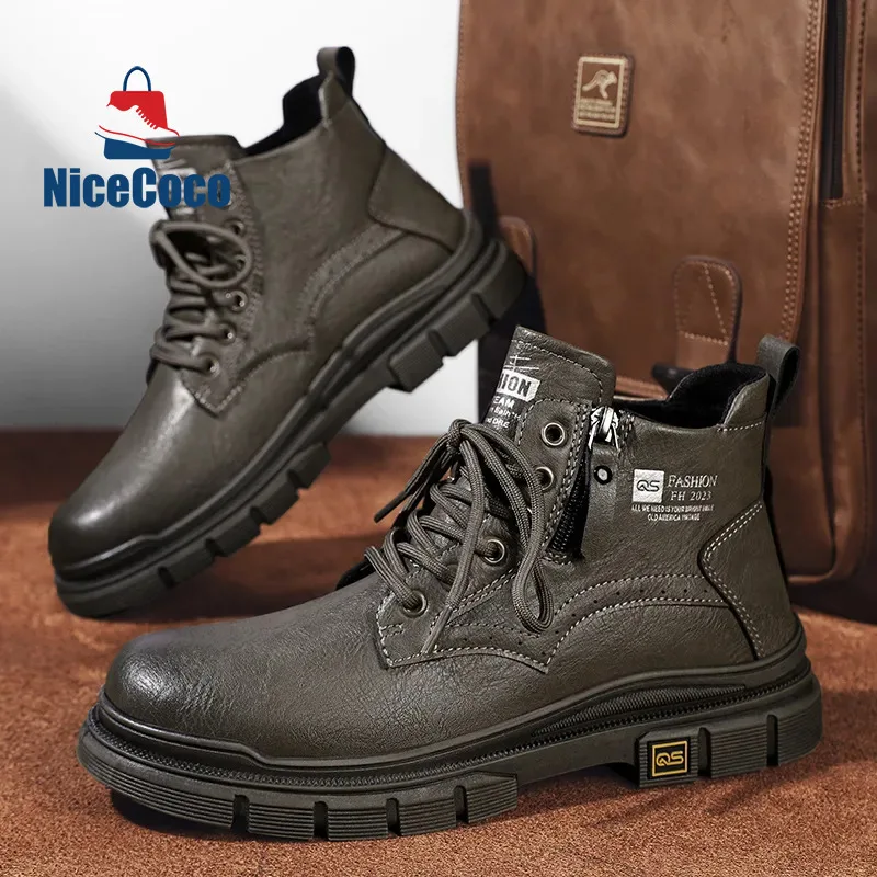 

Winter Men Boots Casual Shoes Leather Designer Luxury Ankle Platform Motorcycle Chelsea Tactical Cowboy Combat Work Safety 1010