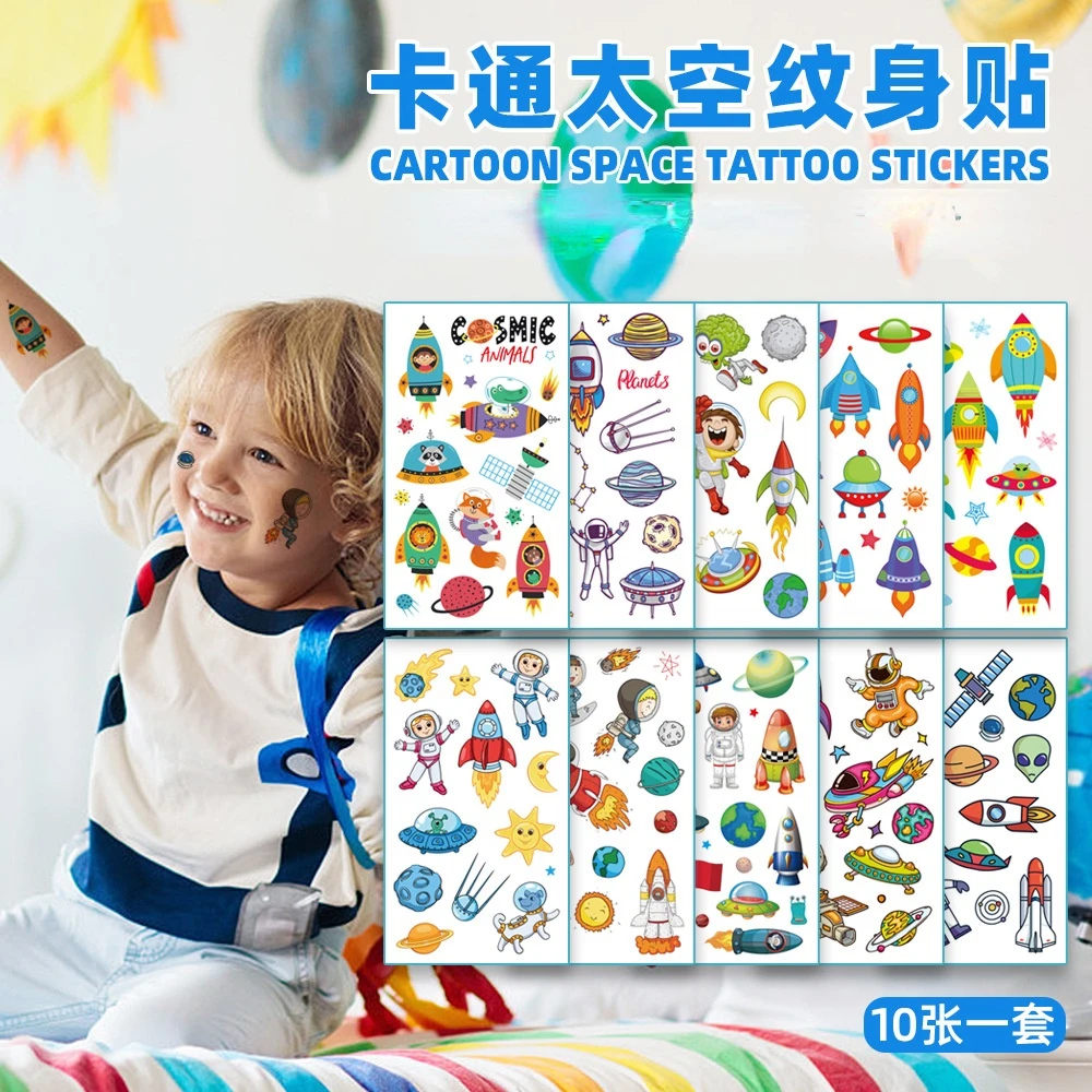 

2022 New Fashion Children Cartoon Space Tattoo Stickers Waterproof Interstellar Universe UFO Temporary Tattoo Stickers Fake Tatt