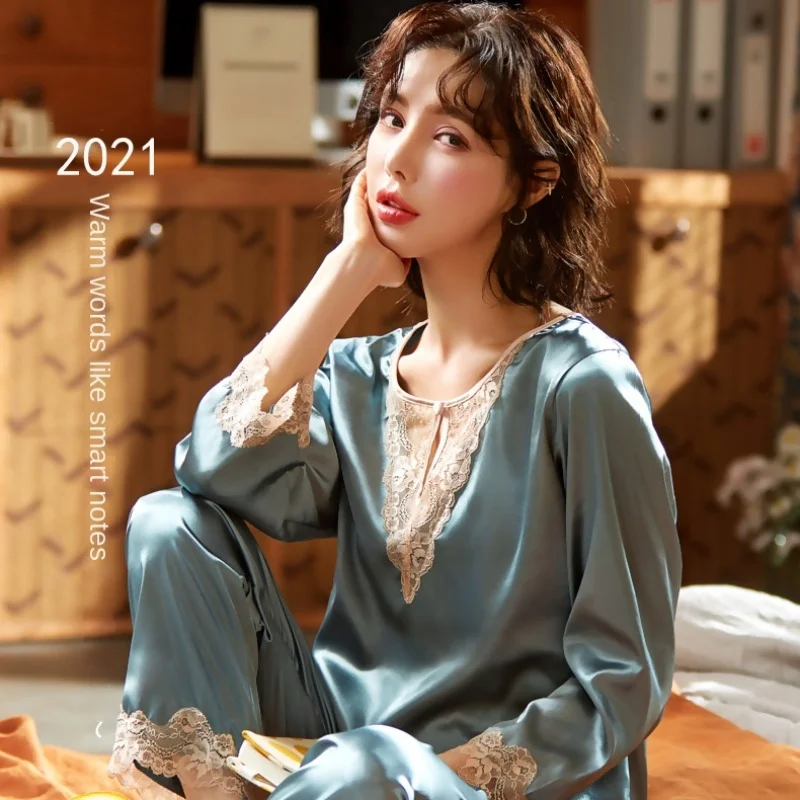 Ice And Snow Silk99%New Pajamas Women's Spring/Summer Ice Silk Long Sleeve Set INS Wind Thin Silk Home Furnishing