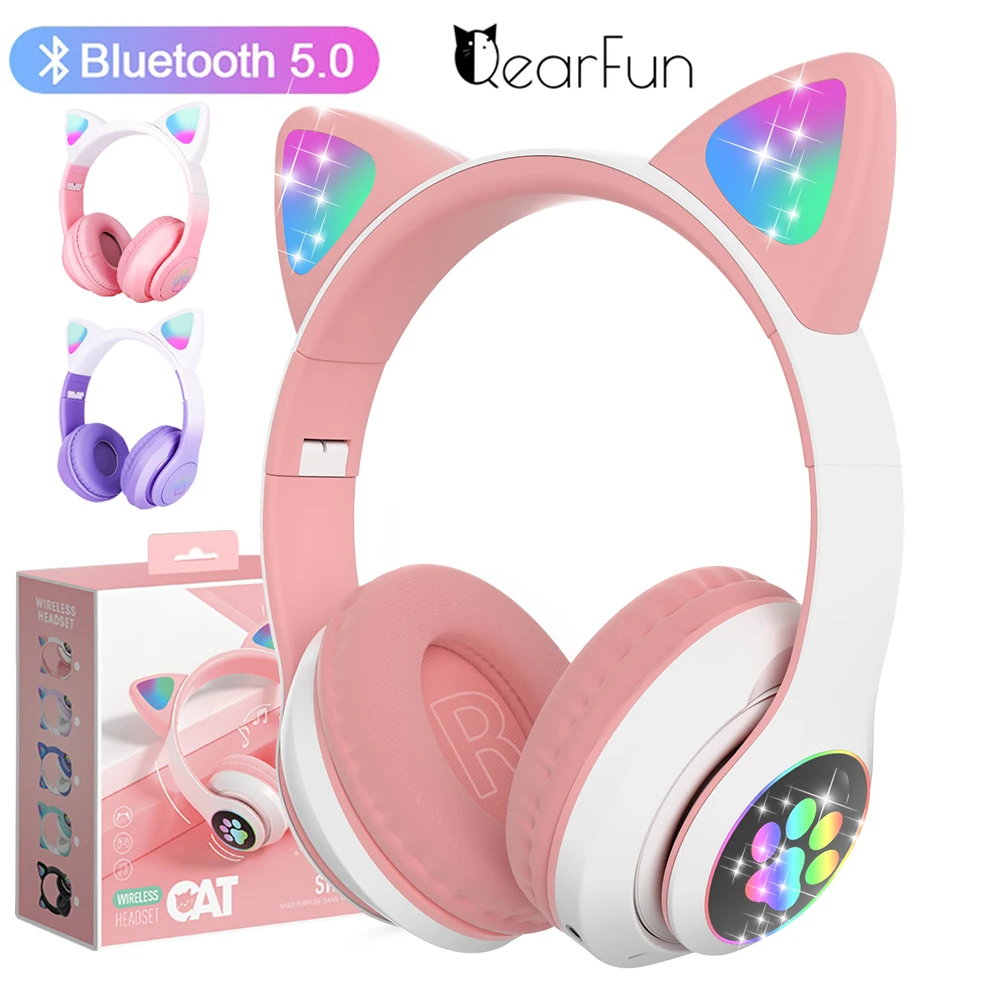 QearFun Cute Cat Headphones Bluetooth Girls Kids Glowing Wireless Earphones with built-in Mic, for Apple Samsung Android Gifts