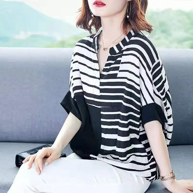 

Irregular striped t-shirt women's summer spring top cotton linen shirt Regular Tops Tees Casual Chiffon harajuku