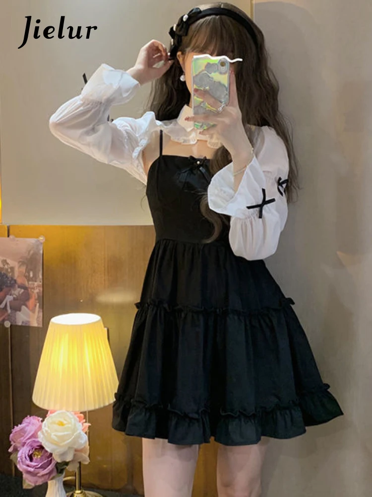 

Осеннее милое платье из 2 предметов, женское повседневное мини-платье без рукавов на бретельках + укороченный топ, женское корейское черное винтажное платье