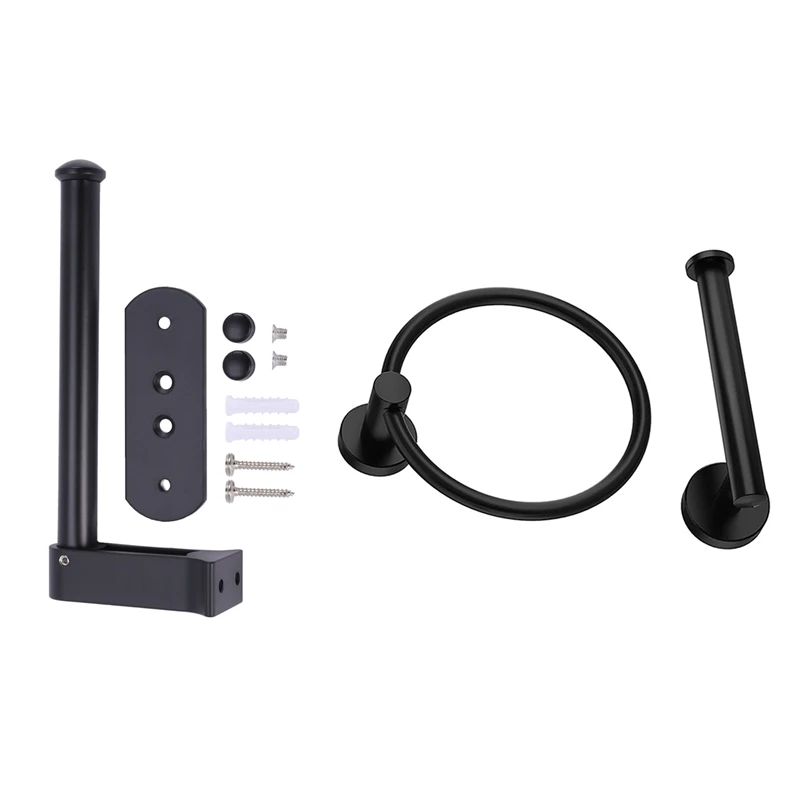 

Black Wall Mount Toilet Roll Paper Holder Hanger With 2Pcs Bathroom Hardware Black Towel Ring And Toilet Paper Holder