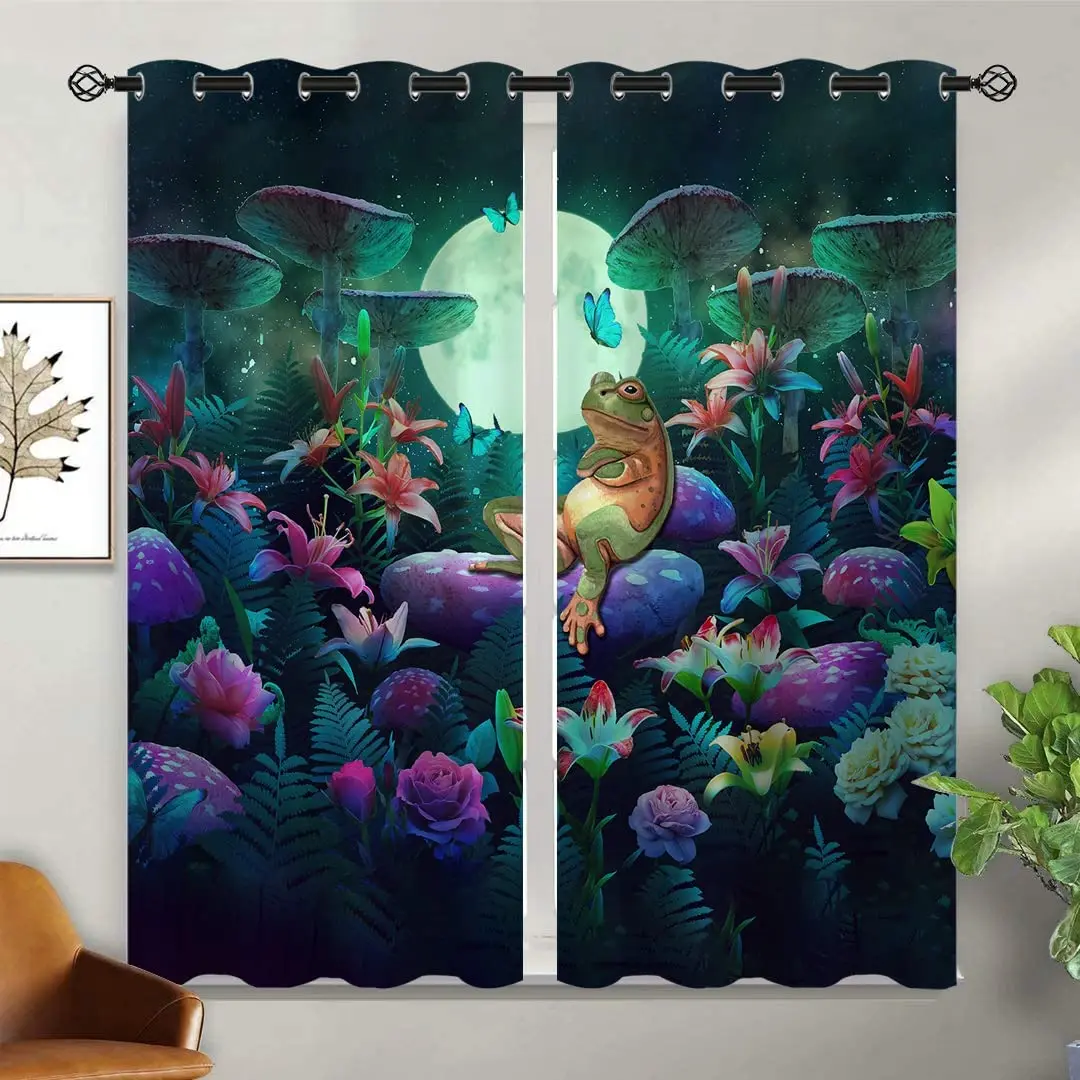 

Mushroom Frog Blackout Curtains for Girls Boys Kids Home Decor Butterfly Night Moon Stars Window Drapes for Bedroom Living Room