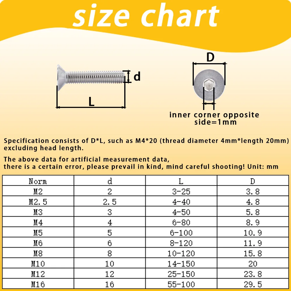 Винты механические с потайным шестигранным отверстием из нержавеющей стали 304