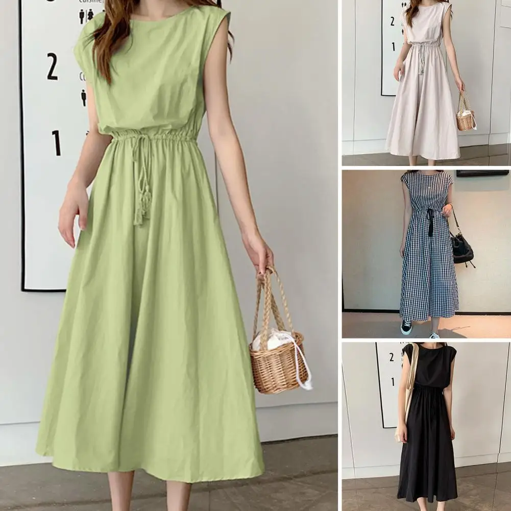 

Summer Dress O-neck Short Sleeve Midi Dress Drawstring Waist Tight Loose Hem Solid Color Beach Dress Streetwear