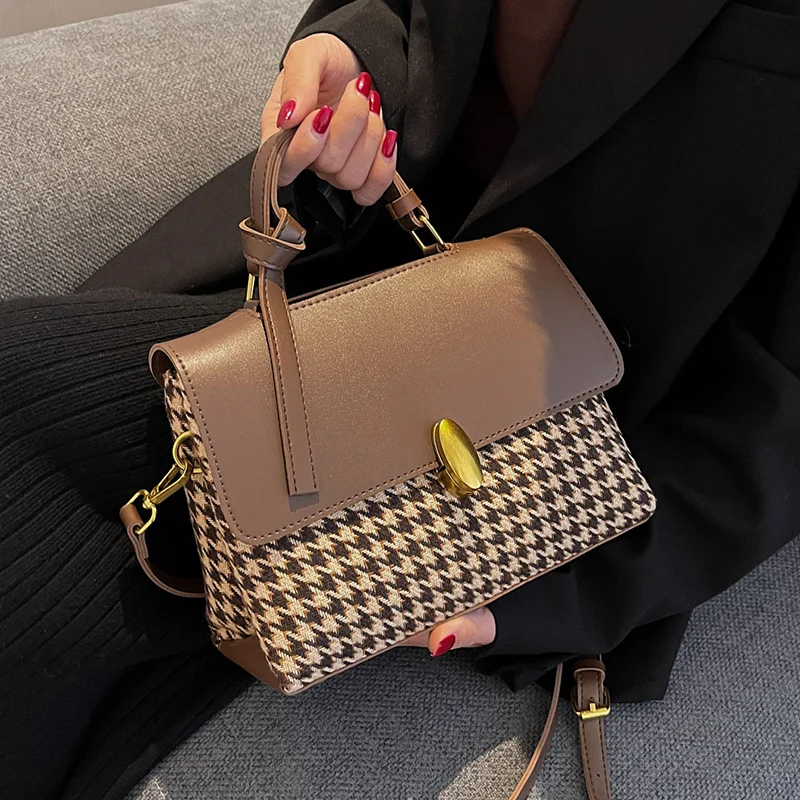 

Houndstooth Small PU Leather Shoulder Crossbody Bags with Short Handle for Women 2023 Hit Winter Simple Handbags and Purses
