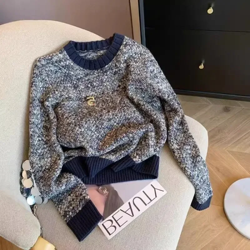 Синий французский классический твидовый вязаный свитер пуловер с номером 5 брошь