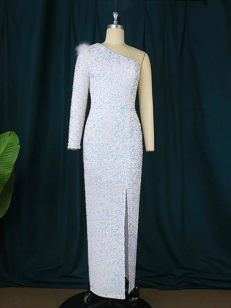 Plus Size Dresses Autumn New Diagonal Collar One Shoulder Sexy Solid Fit Elegant Sequin Dress Banquet Master Evening Party Dress