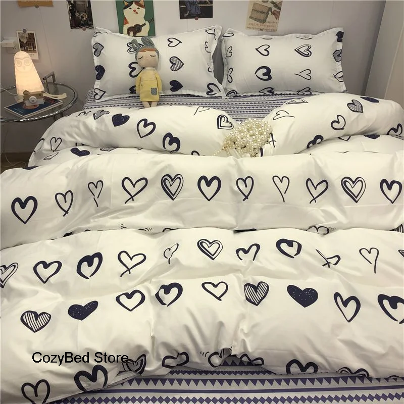 

Simple Love Heart Bedding Set Soft Flat Sheet Duvet Cover Pillowcase Polyester Bed Linen Single Queen Full King Size Quilt Cover