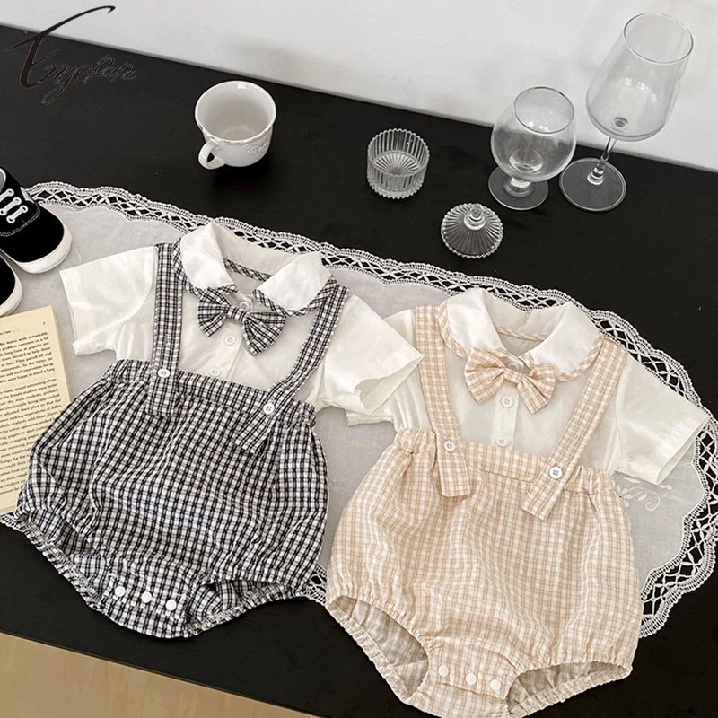 

Детский клетчатый костюм с коротким рукавом, для мальчиков и девочек