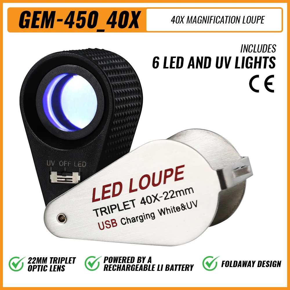 Лупа 10X-40X светодиодная увеличительное стекло лупа ювелирные изделия тройное оптическое стекло 6 УФ лупа с подсветкой USB